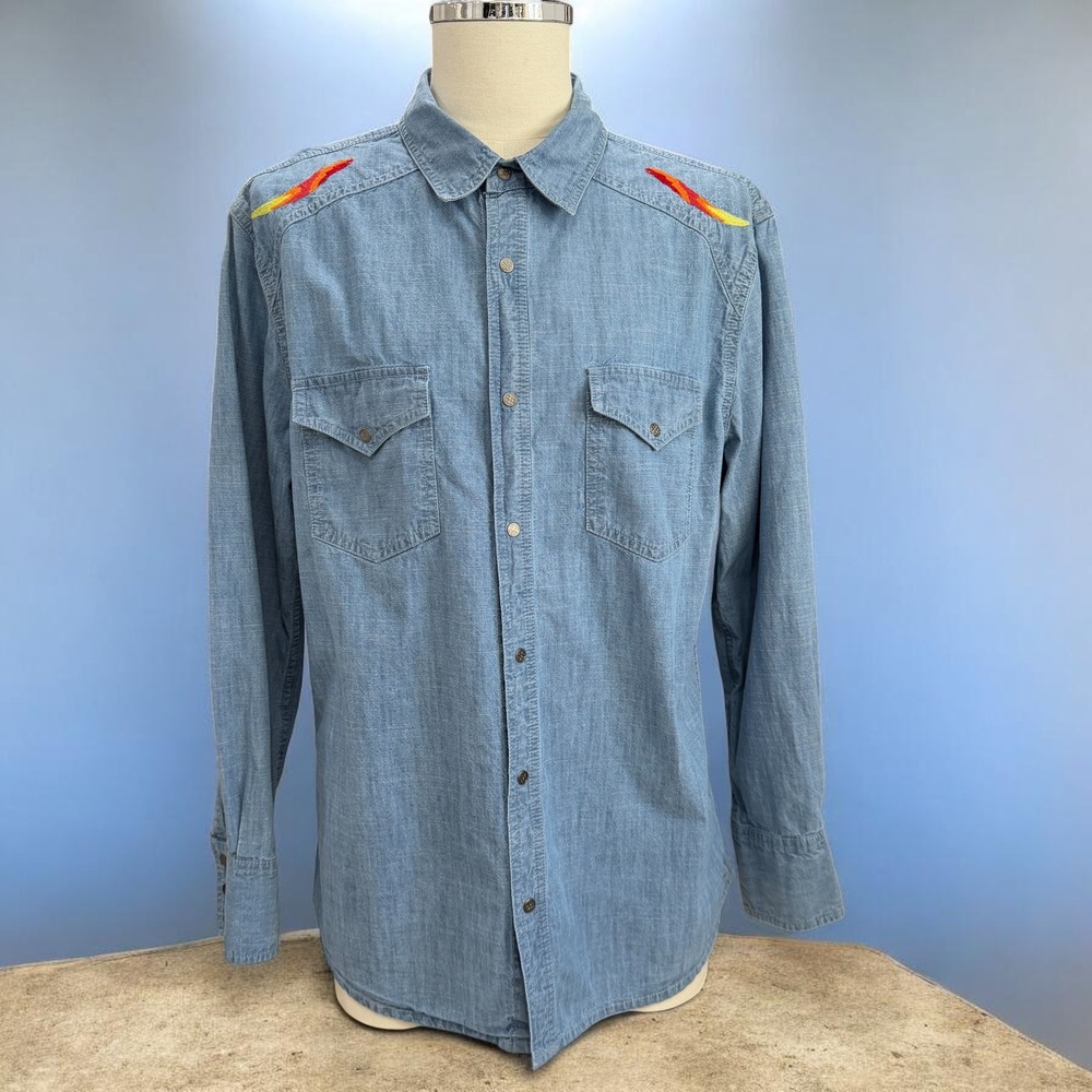 Scandia Woods Denim Western‎ Shirt Embroidered Sun Vintage Boho Country Outdoors